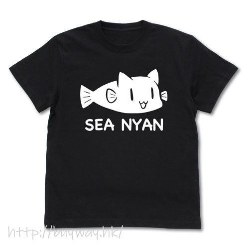 SLOW LOOP-女孩的釣魚慢活- : 日版 (細碼)「SEA NYAN」黑色 T-Shirt
